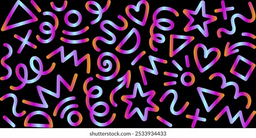 Cool fun pink blue gradient abstract background. Neon simple basic shapes set: star, arrow, triangle, circle, heart, zigzag, spiral, wavy lines. Trendy Memphis geometric pattern, retro 80s, 90s style.