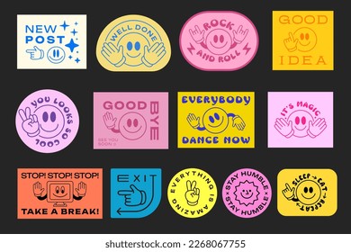 Cool Funky Emoticon Stickers. Set of Groovy Smile Characters. Cartoone Emoji with Hand. Retro Pop Art Patches Vector Design.