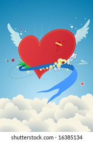 Cool funky red heart flying above the clouds. Great for Valentines Day and wedding postcards