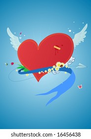 Cool funky red heart flying in the sky. Great for Valentines Day and wedding postcards