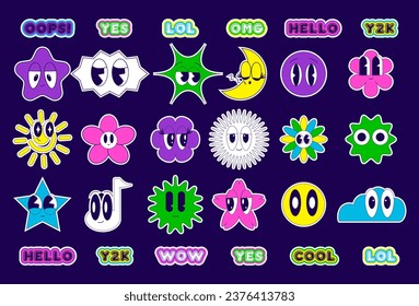 Cool funky Stickers with smile faces on dark Background. Groovy retro Y2K Stickers Pack. Pop Art Illustration. Vector illustration.