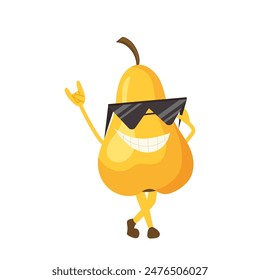 Cool funky yellow pear isolated cartoon character wearing sunglasses gesturing hippie hands sign