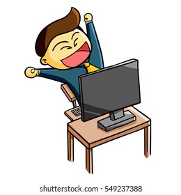 Cool and funny businessman celebrating success on his work in front of his computer - vector.