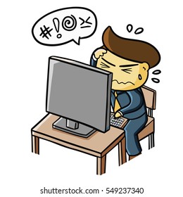 Cool and funny businessman get stressed in front of his computer - vector.