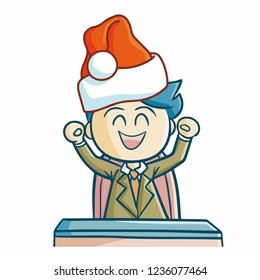 Cool And Funny Businessman Make Win Pose In His Desk With Wearing Santa's Hat For Christmas - Vector.