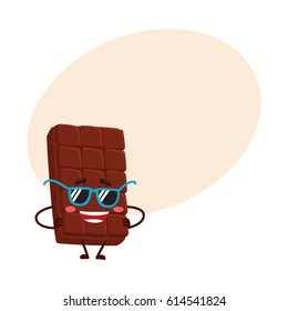 Cool, funny chocolate bar character in funky sunglasses, standing with arms akimbo, cartoon vector illustration with space for text. Funky chocolate character, mascot, emoticon in sunglasses