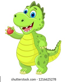 cool and funny dinosaur holding strawberry in his hand