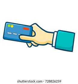 Cool and funny hand holding credit card in cartoon style - vector.