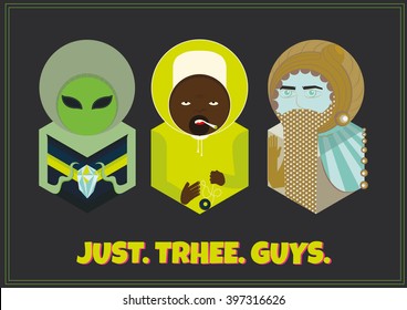 Cool funny ironic characters set of different races: Alien, Afro, Shumer