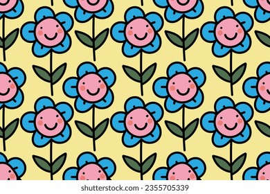 Genial, divertido, agradable, lindo, encantador y hermoso dibujo animado de carácter floral brillante y colorido. Sentimientos sonrientes y felices. Patrón vectorial moderno, elegante, de moda y sin fisuras para el diseño y la decoración.