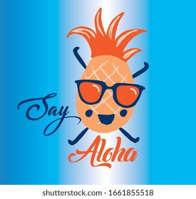 Una imagen de dibujo animado de una manzana de pino fresca y divertida dice aloha verano imprimir material gráfico vectorial para niños y prendas para niños pequeños