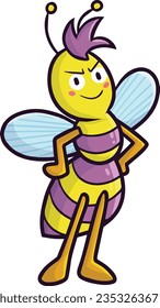 Cool and funny pink yellow bee cartoon character with standing pose
