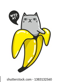 Cool and funny print of little cat inside tropical banana. Vector illustration with cute animal pet and healthy food.