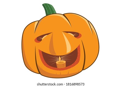 Cool Funny Pumpkin for Halloween with smiling face.  vector image of an orange pumpkin with green a tail.