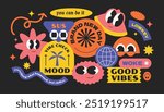 Cool and funny retro collection stickers. Gen z and millenials vintage word quotes slang. Abstract character design. Y2k style art