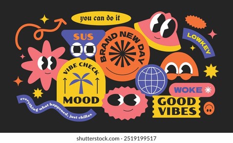 Cool and funny retro collection stickers. Gen z and millenials vintage word quotes slang. Abstract character design. Y2k style art