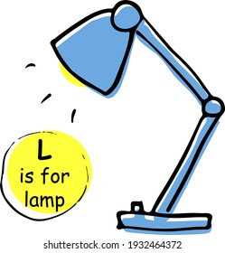 Cool and funny table lamp for study, work, vector sketch, doodle. Concept for kids, children print, clothes, learning material, alphabet, wrapping paper. Design for poster, kitchen textiles