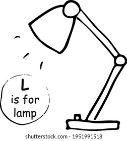Cool and funny table lamp for study, work, vector sketch, doodle. Concept for kids, children print, clothes, learning material, alphabet, wrapping paper. Design for poster, kitchen textiles