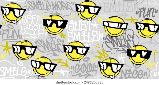 Cool Funny Trendy Abstract Street Art Graffiti Style Happy Smiling Face Seamless Background Template