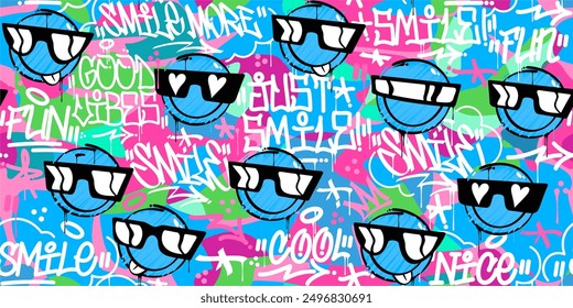 Cool Funny Trendy Abstract Street Art Graffiti Style Happy Smiling Face Seamless Background Template