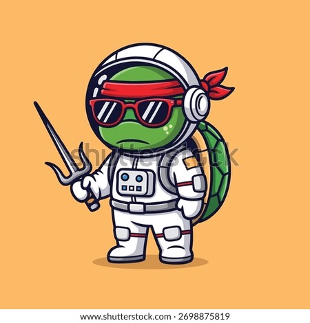 A cool and futuristic cartoon turtle or tortoise character, dressed as a ninja warrior in a space suit, with a red bandana and holding two sai weapons. Vector Illustration