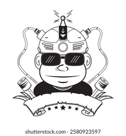 A cool, futuristic character with a unique headgear and stylish sunglasses, holding a banner with five stars. The character's design blends technology and style, making it a great visual for a variety