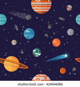 Cool Galaxy Planets And Stars Space Vector Flat Seamless Pattern With Earth, Moon, Venus, Mars, Jupiter, Saturn And More. Ideal For Wrapping Paper, Website Background, Wallpaper, Fabric Design