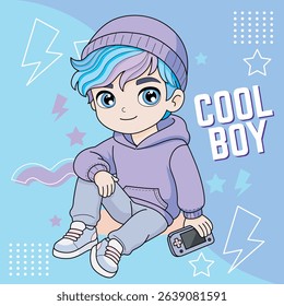 Cool gamer boy dressed in purple