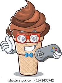 Cool gamer of chocolate ice cream mascot design style with controller
