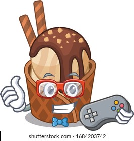 Cool gamer of coffee ice cream mascot design style with controller