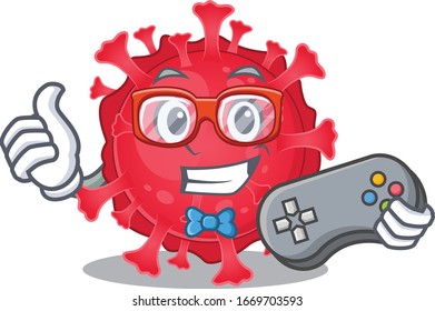 Cool gamer of coronavirus substance mascot design style with controller