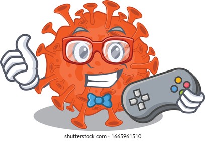 Buen jugador del estilo de diseño de mascota del microscopio electrónico coronavirus con controlador