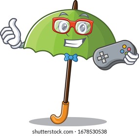 Cool gamer of green umbrella mascot design style with controller