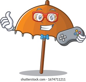 Cool gamer of orange umbrella mascot design style with controller