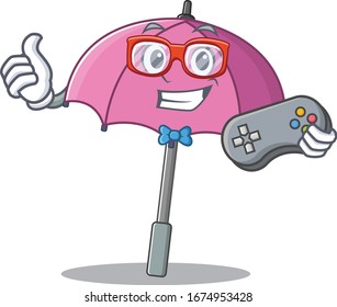 Cool gamer of pink umbrella mascot design style with controller