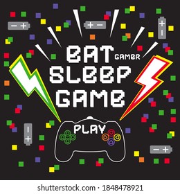 Cool gamer slogan. Joysticks gamepad with pixels game style. illustration with slogan text, for t-shirt prints and other uses. Grunge, neon texture. Vector.