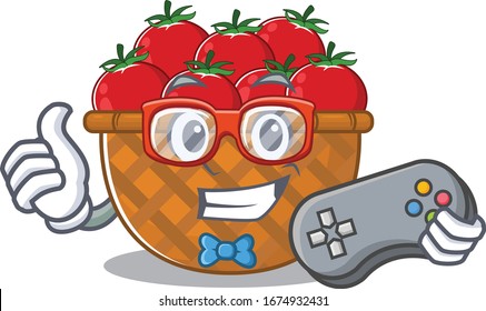 Cool gamer of tomato basket mascot design style with controller