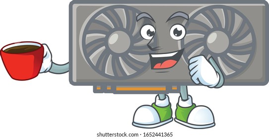 Cool gaming VGA card cartoon character with a cup of coffee
