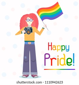 Cool Gay Pride postcard illustration. A happy redhaired white Caucasian girl standing with rainbow lgbt flag and a camera in her hands. Vector. Suitable for web or printing.