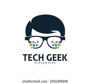 cool geek guy nerd vector logo design template