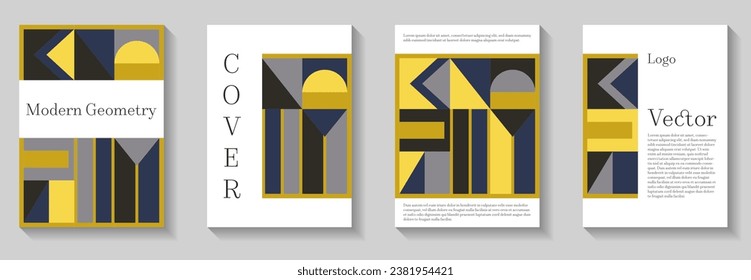 Cool geometric pattern background covers set. Abstract circle, triangle and regtange lines art. Trendy bauhaus pattern backgrounds collection. Simple geometry graphics. Corporate report covers.