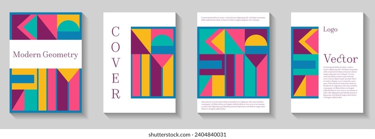 Cool geometric pattern background covers set. Geometry grid pattern banner templates. Modern bauhaus pattern backgrounds collection. Annual corporate reports. Creative colorful prints.