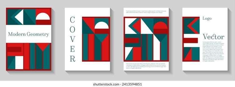 Cool geometric pattern background covers set. Abstract shapes composition minimalist templates. Bauhaus swiss booklet covers. Retro flat pop design. Creative colorful prints.