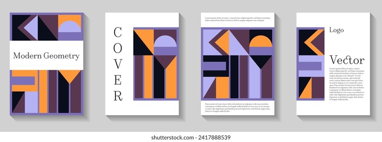 Cool geometric pattern background covers set. Modern grid flyers with geometric shapes. Catalog leaflet contemporary composition. Color neo geo posters. Company identity brochures.