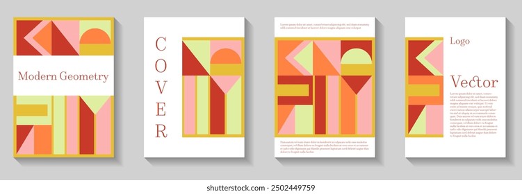 Cool geometric pattern background covers set. Modern grid flyers with geometric shapes. Catalog leaflet contemporary composition. Premium mockups. Vintage book covers.