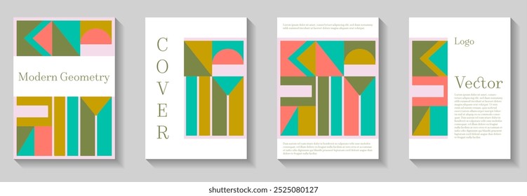 Cool geometric pattern background covers set. Modern grid flyers with geometric shapes. Modern bauhaus pattern backgrounds collection. Premium mockups. Magazine front pages.