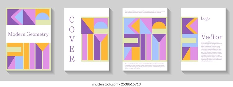 Cool geometric pattern background covers set. Geometry grid pattern banner templates. Bauhaus swiss booklet covers. Color neo geo posters. Corporate report covers.