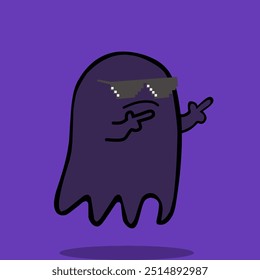 Fantasma fresco com óculos de sol pixelados, apontando dedos em um fundo roxo. Ótimo para projetos divertidos de Halloween, memes ou decoração na moda. Ilustração vetorial editável.