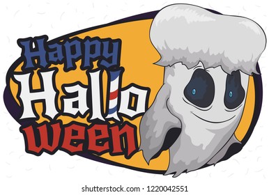 Cool ghost with a retro style haircut, ready to celebrate Halloween in the barbershop.