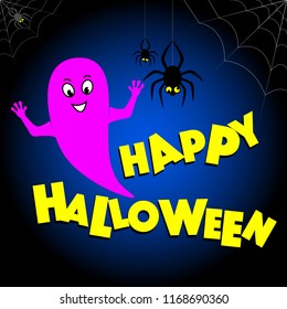 A cool ghost and spiders on the web want a happy Halloween. Vector eps